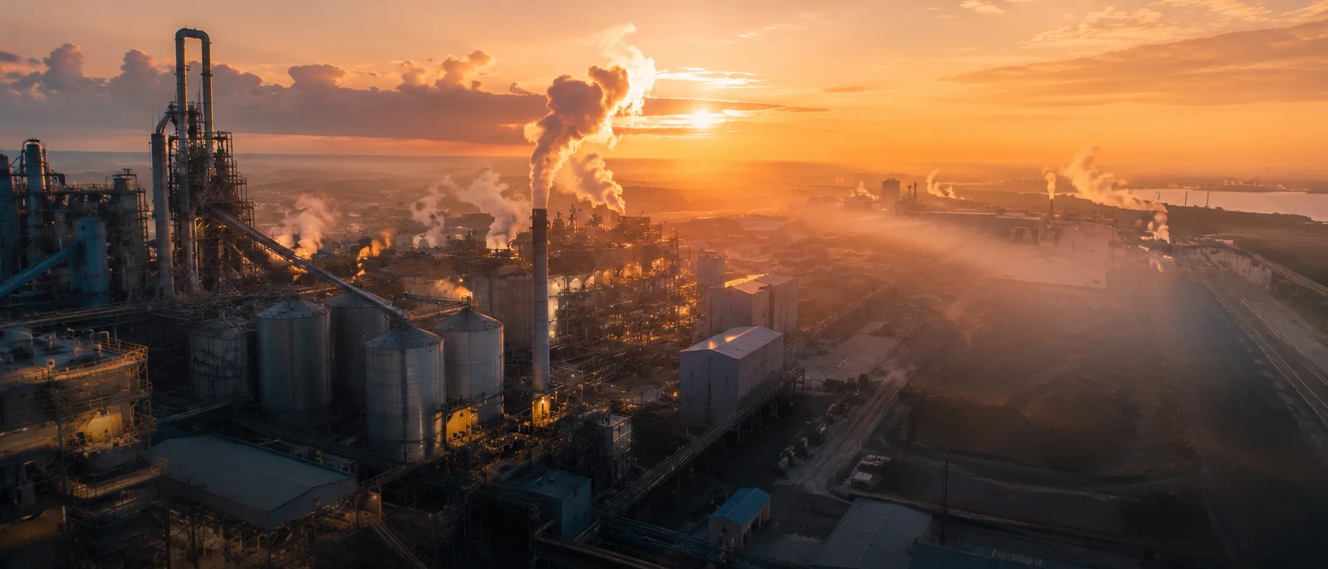 Complexo industrial ao entardecer — inventário de emissões